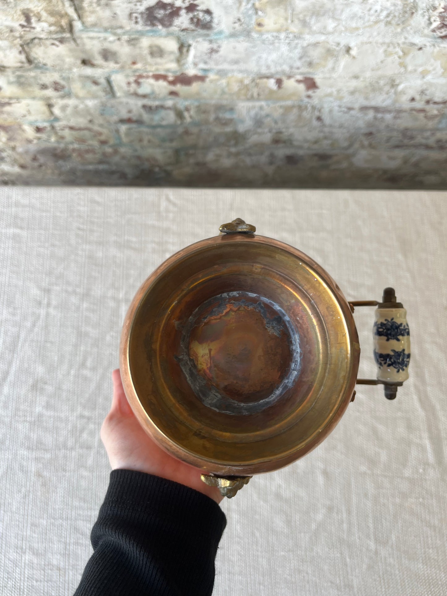 Vintage Copper Coal Scuttle with Blue & White Porcelain Handle
