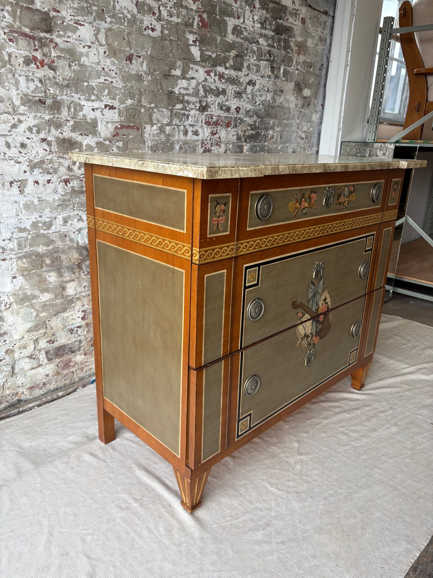Vintage Drexel Heritage Hand-Painted Neoclassical Dresser with Faux Stone Top