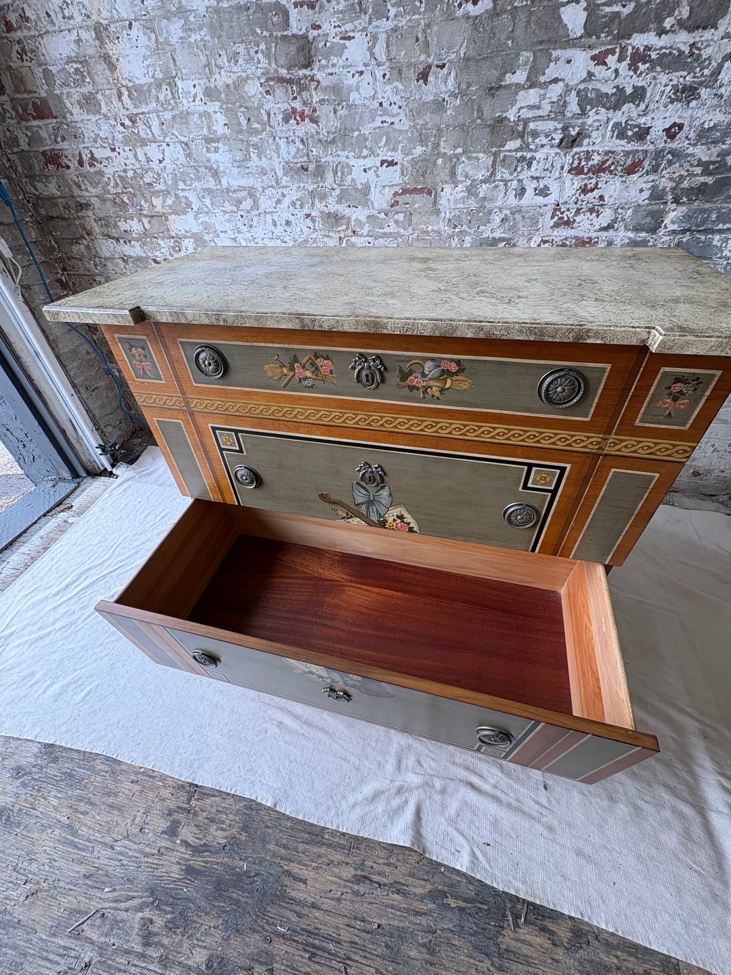 Vintage Drexel Heritage Hand-Painted Neoclassical Dresser with Faux Stone Top