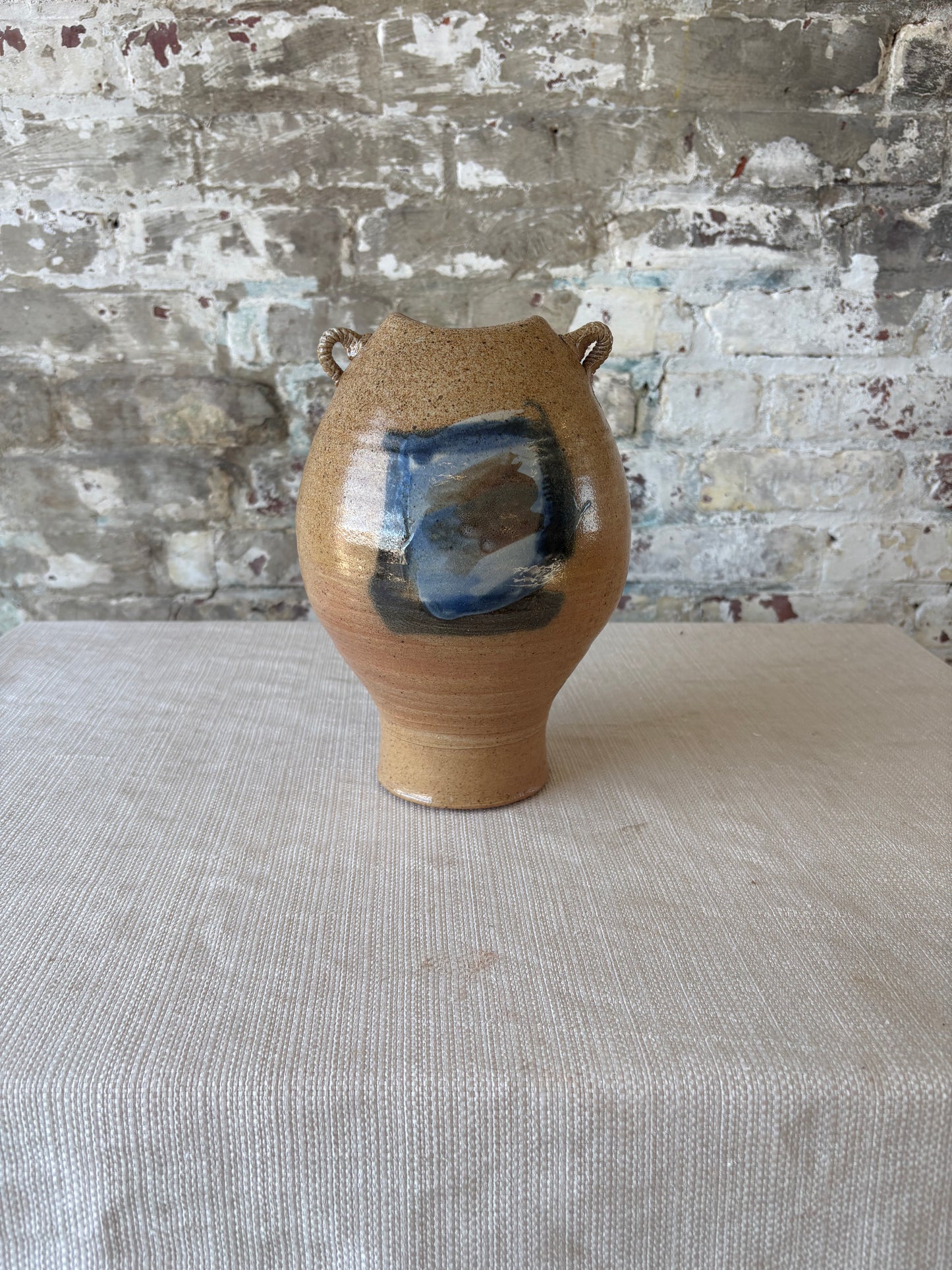 Vintage Studio Pottery Vessel with Sculptural Rope Handles
