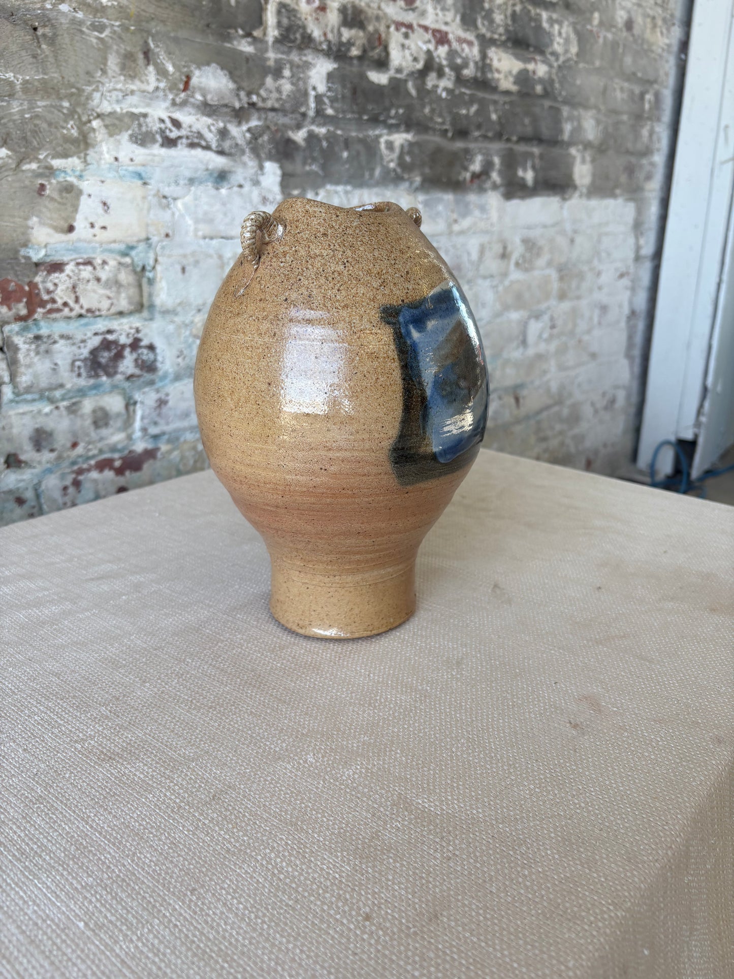 Vintage Studio Pottery Vessel with Sculptural Rope Handles