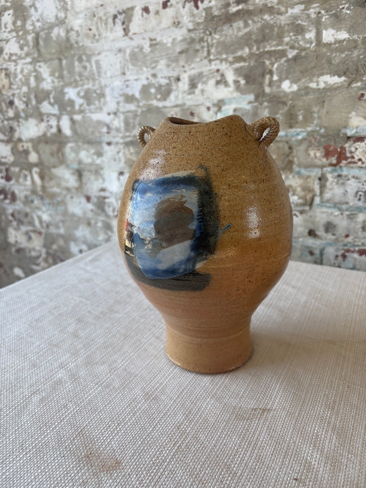 Vintage Studio Pottery Vessel with Sculptural Rope Handles