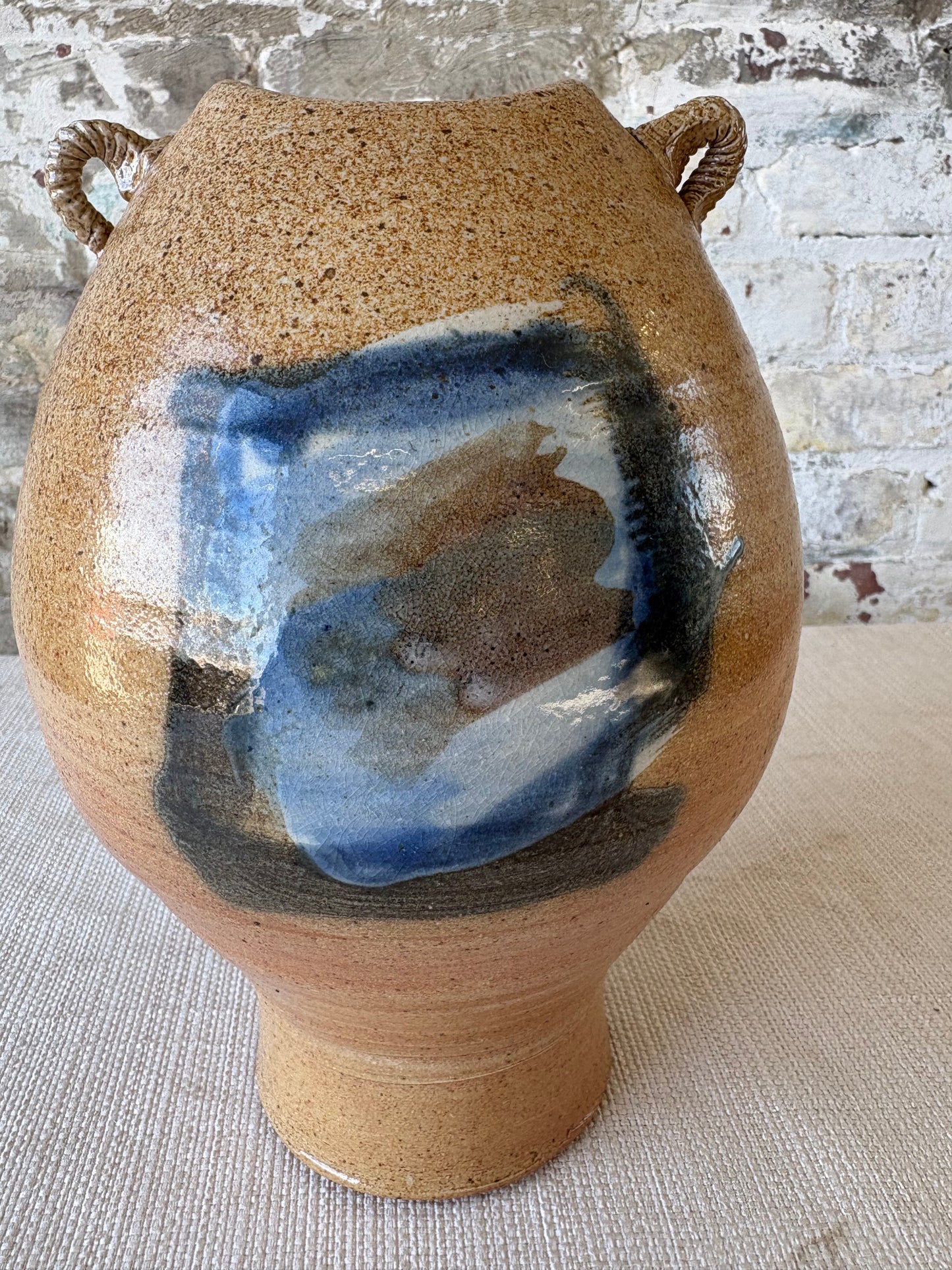 Vintage Studio Pottery Vessel with Sculptural Rope Handles