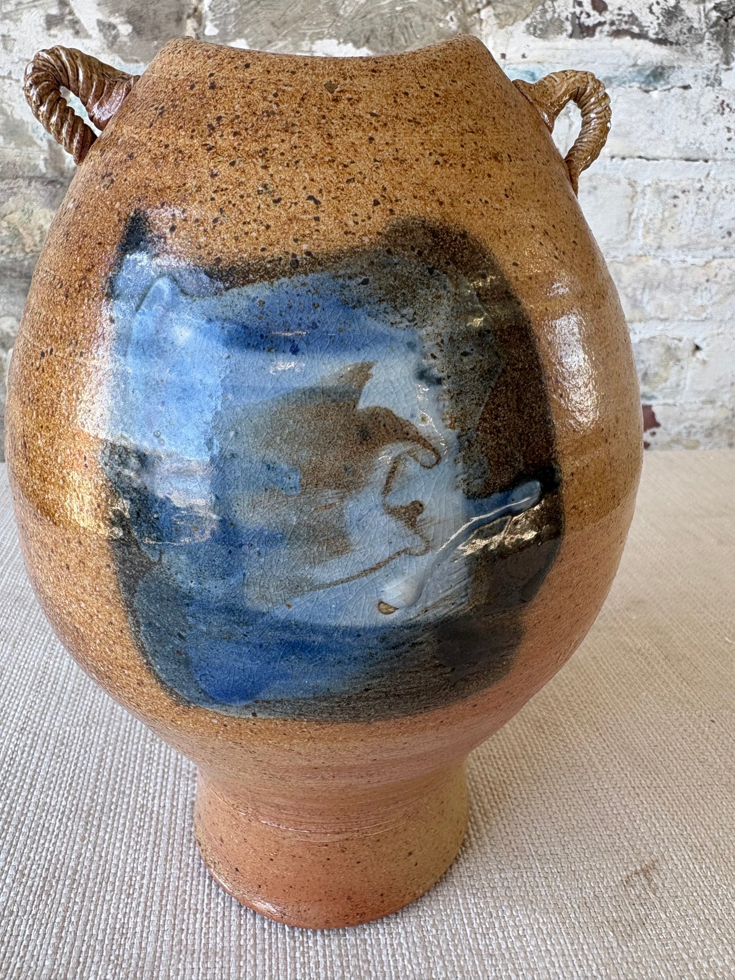 Vintage Studio Pottery Vessel with Sculptural Rope Handles