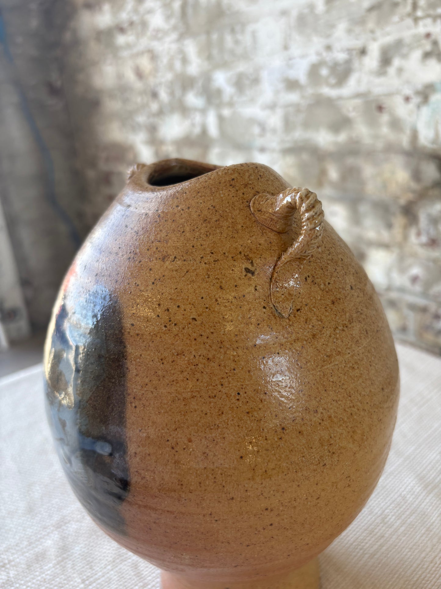 Vintage Studio Pottery Vessel with Sculptural Rope Handles