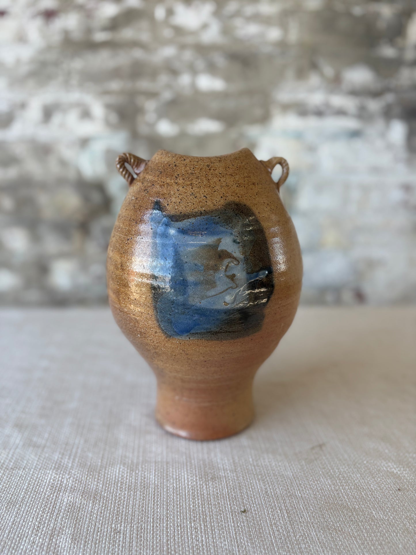 Vintage Studio Pottery Vessel with Sculptural Rope Handles