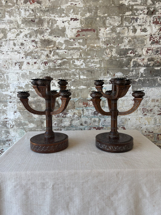 Antique Eastlake Carved Wood Candelabras – Pair