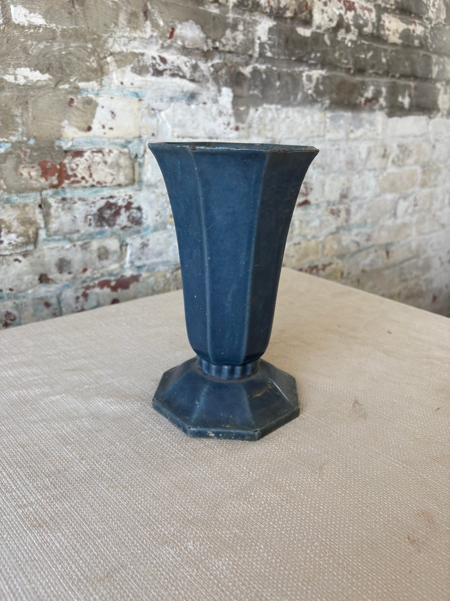 Vintage Art Deco Style Metal Vase in Deep Navy Blue