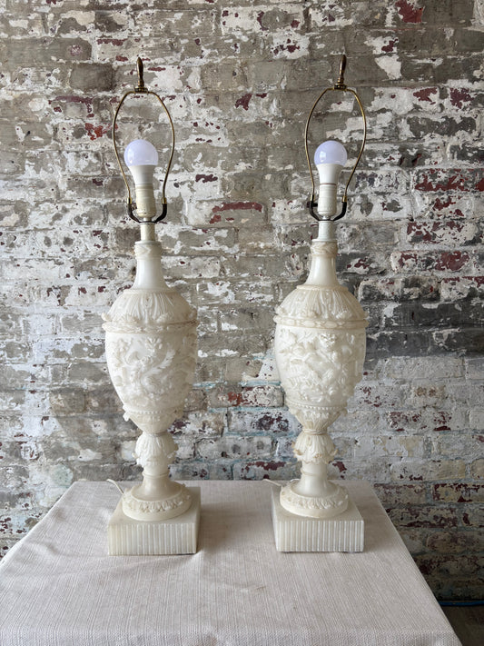 Pair of Vintage Carved Alabaster Table Lamps