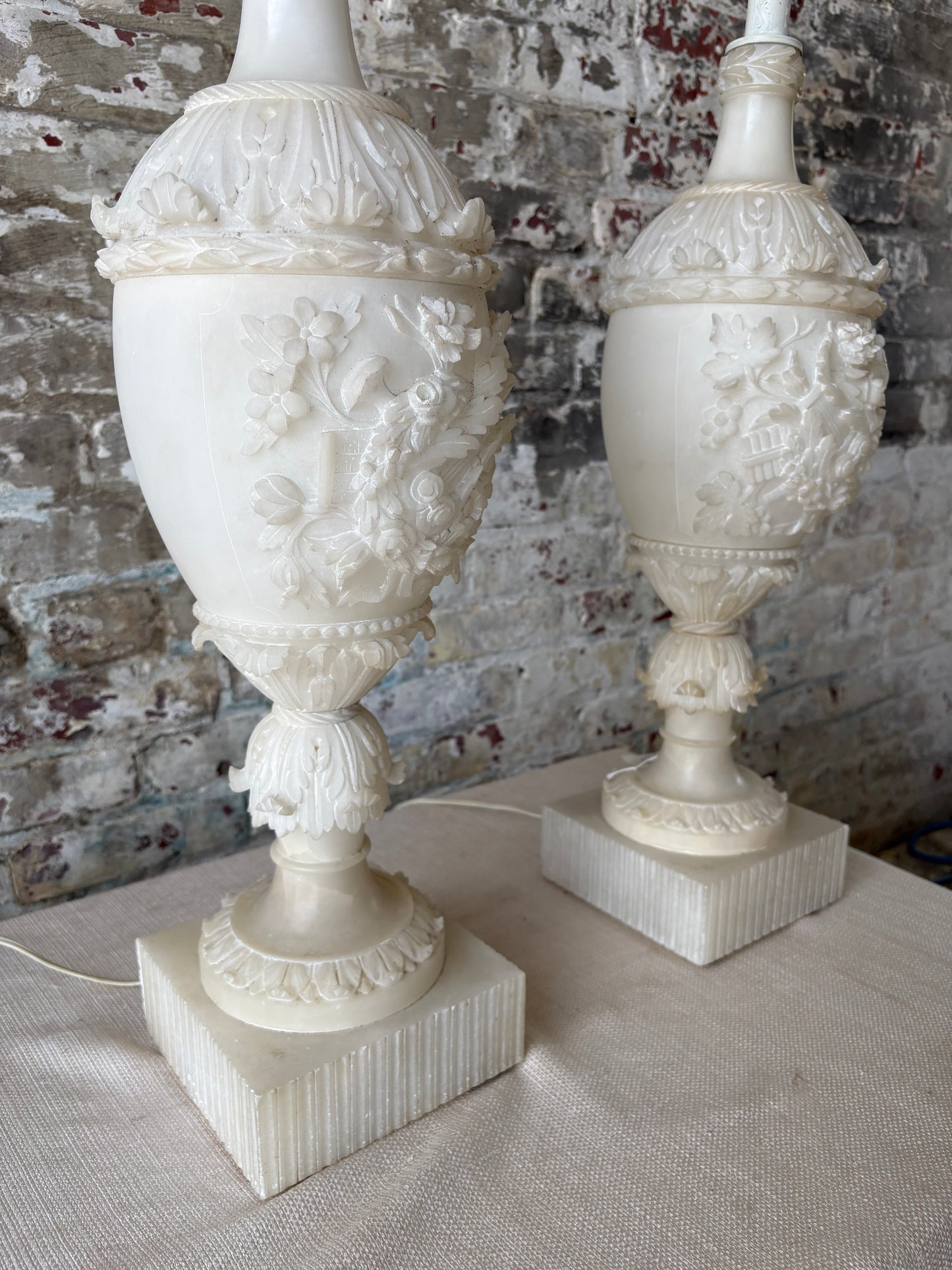 Pair of Vintage Carved Alabaster Table Lamps