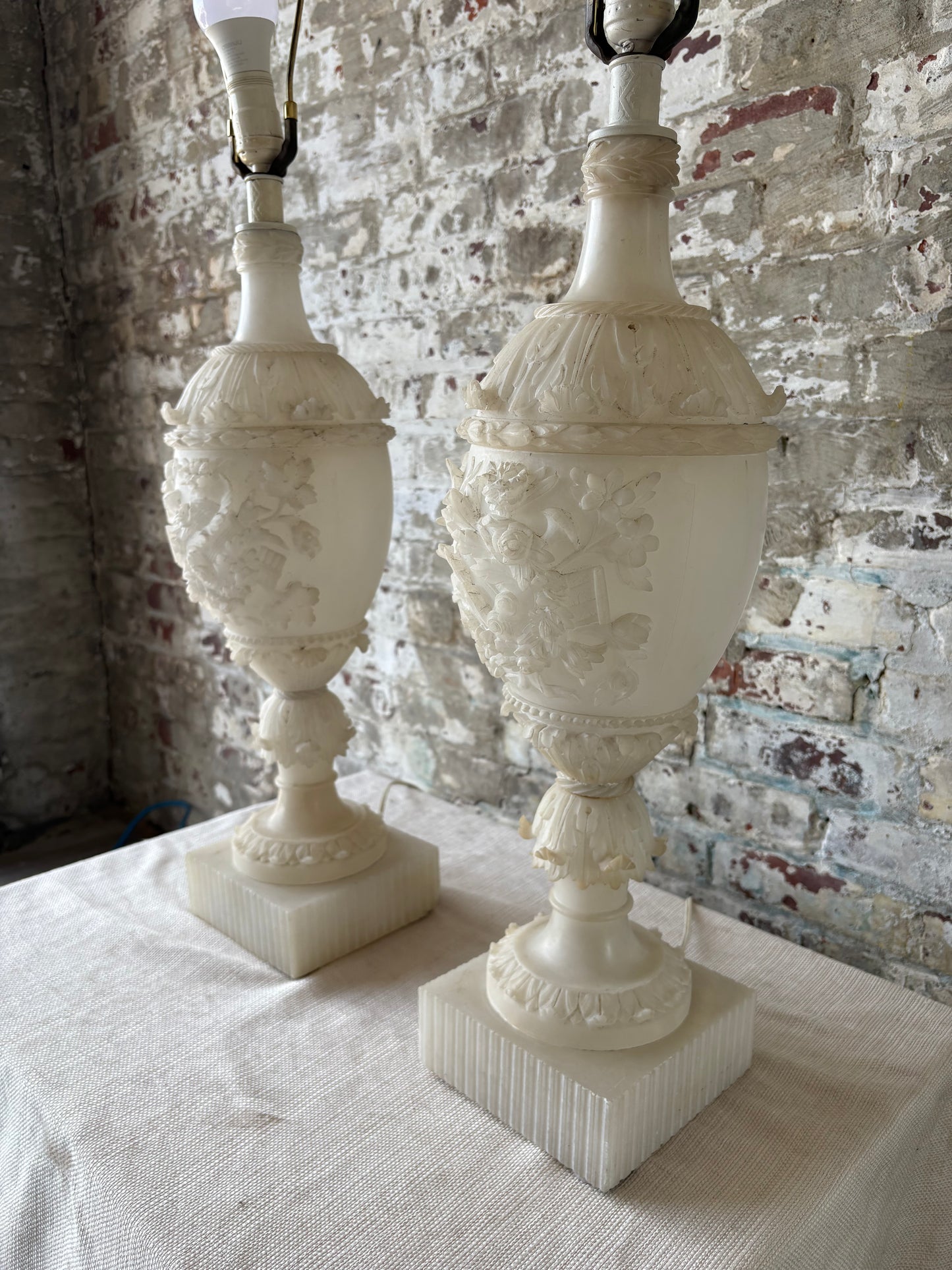 Pair of Vintage Carved Alabaster Table Lamps