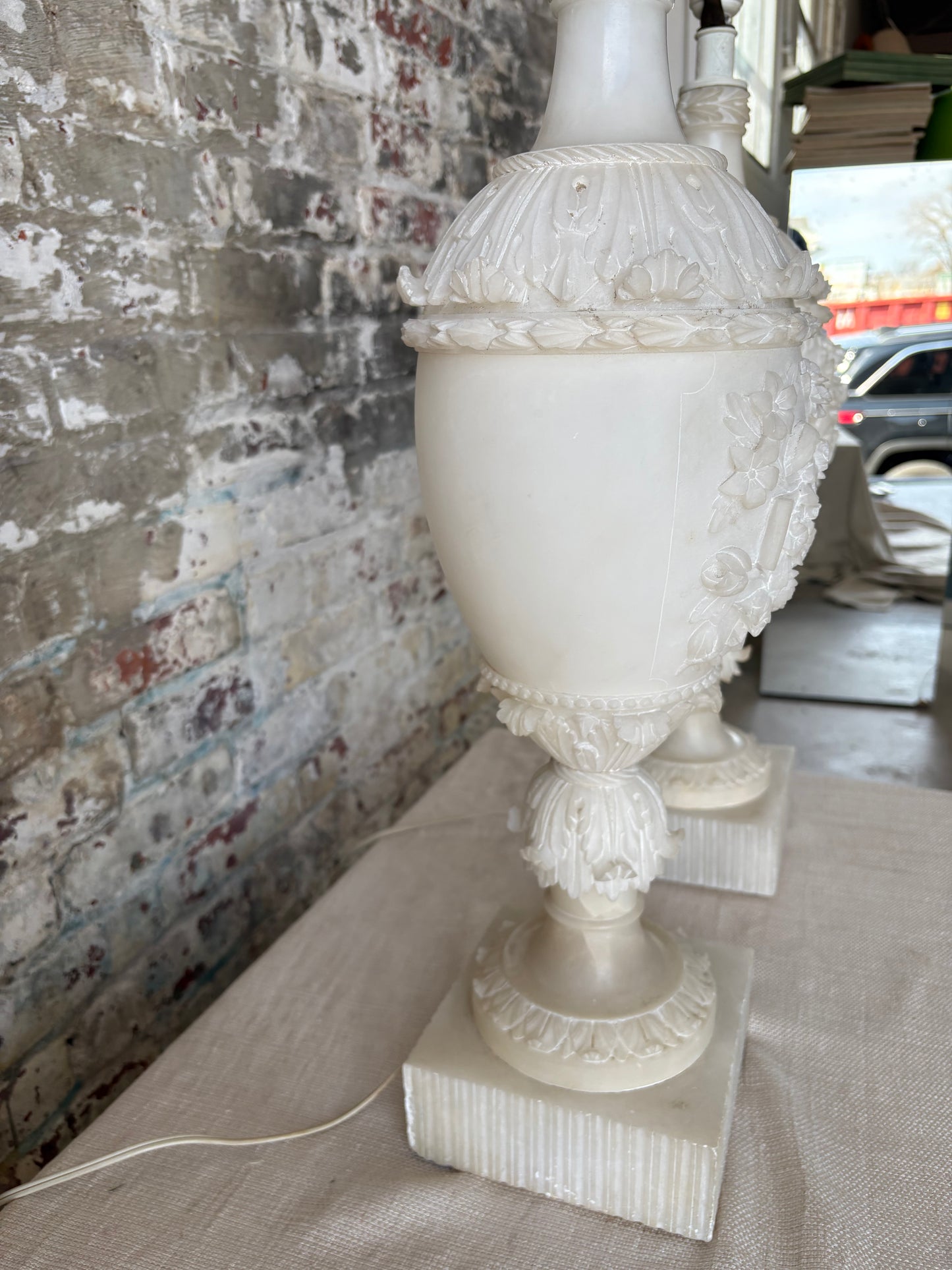 Pair of Vintage Carved Alabaster Table Lamps