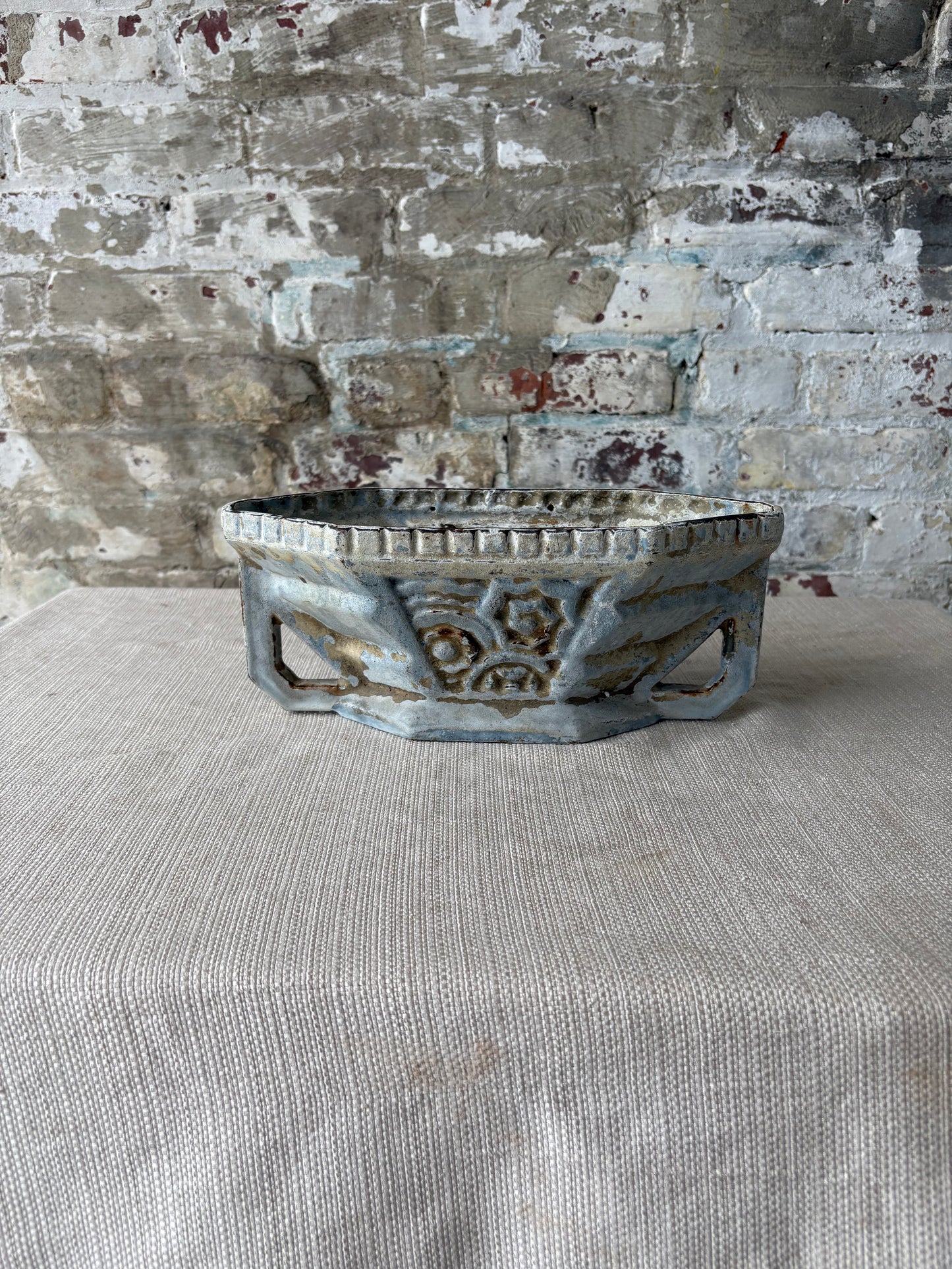 Vintage Cast Iron Garden Trough Planter with Weathered Blue Patina