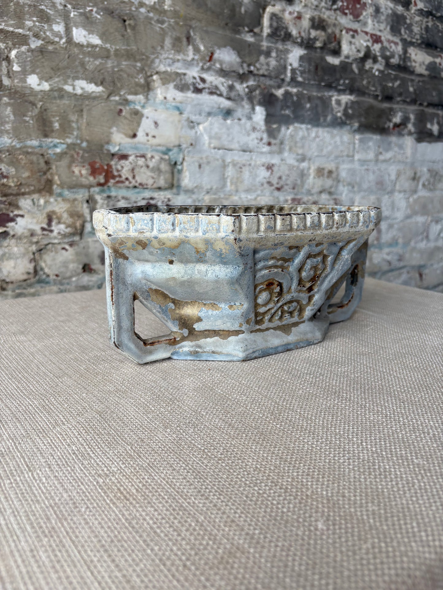 Vintage Cast Iron Garden Trough Planter with Weathered Blue Patina