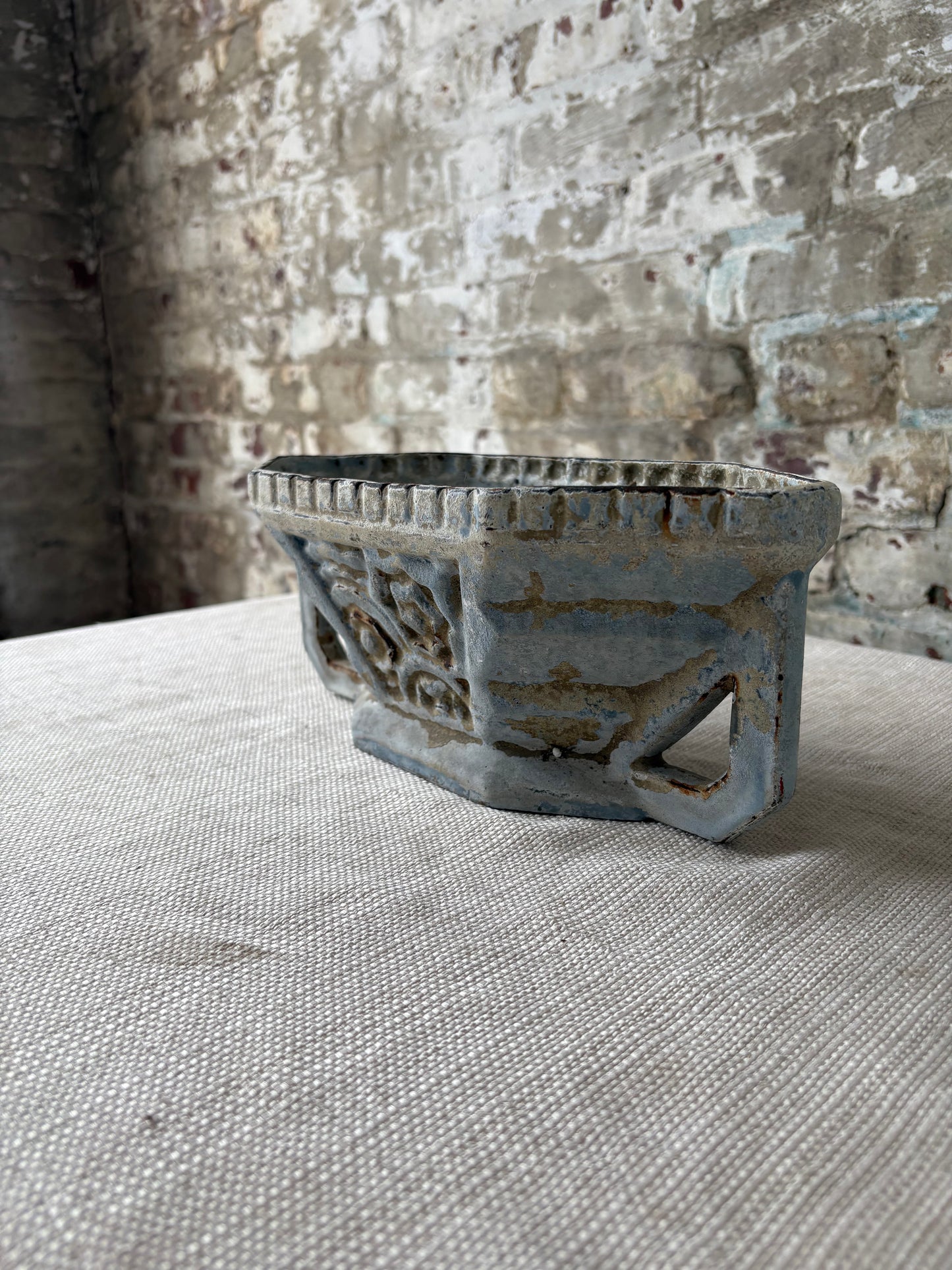Vintage Cast Iron Garden Trough Planter with Weathered Blue Patina
