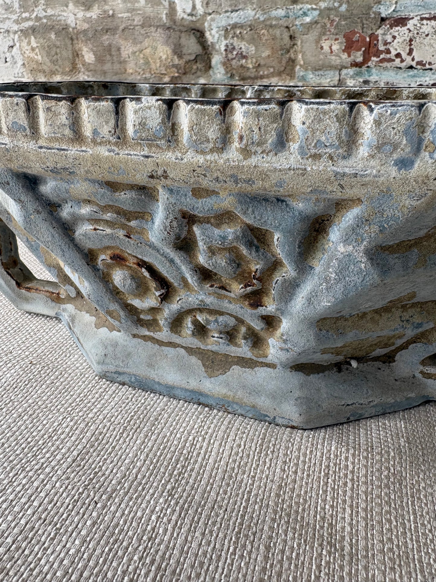 Vintage Cast Iron Garden Trough Planter with Weathered Blue Patina