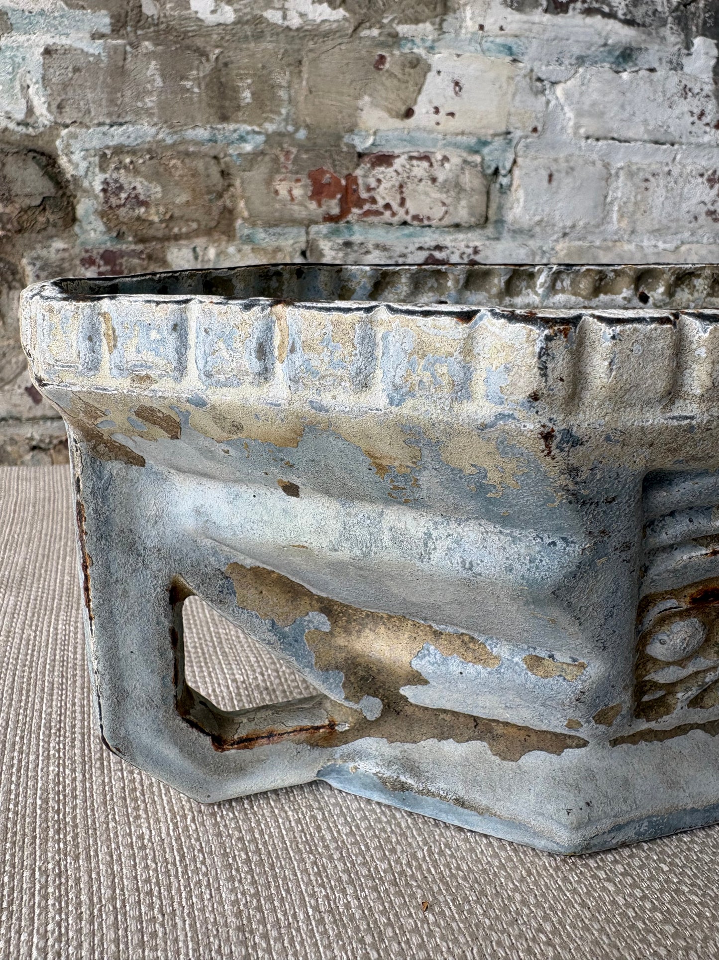 Vintage Cast Iron Garden Trough Planter with Weathered Blue Patina