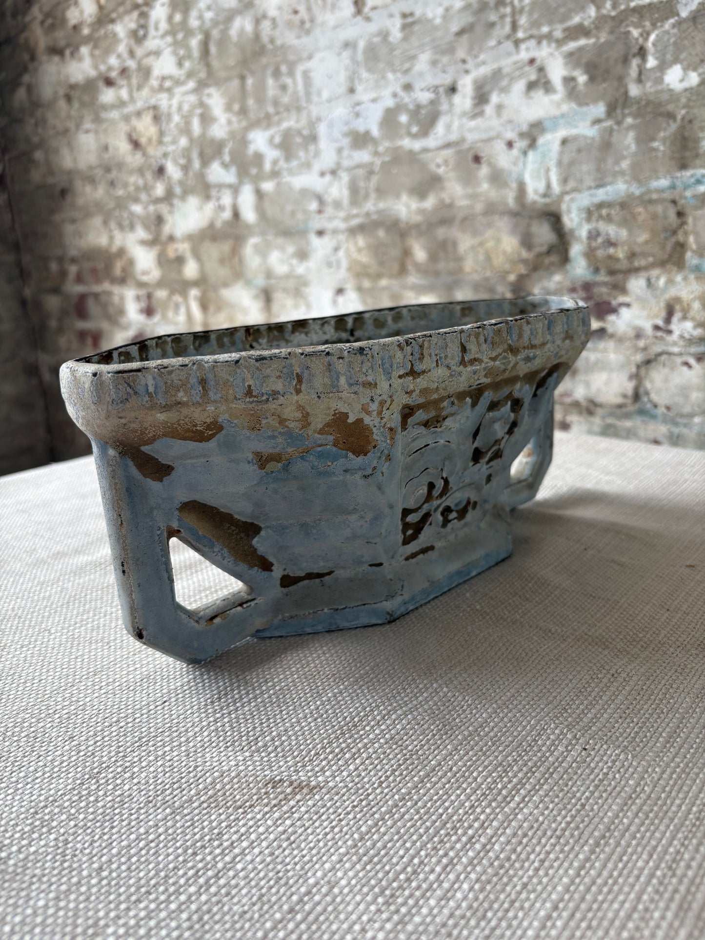 Vintage Cast Iron Garden Trough Planter with Weathered Blue Patina