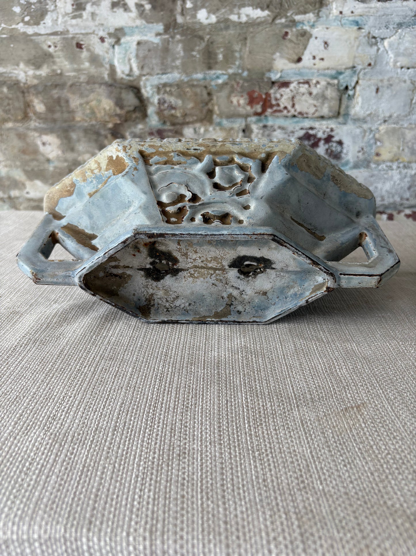 Vintage Cast Iron Garden Trough Planter with Weathered Blue Patina
