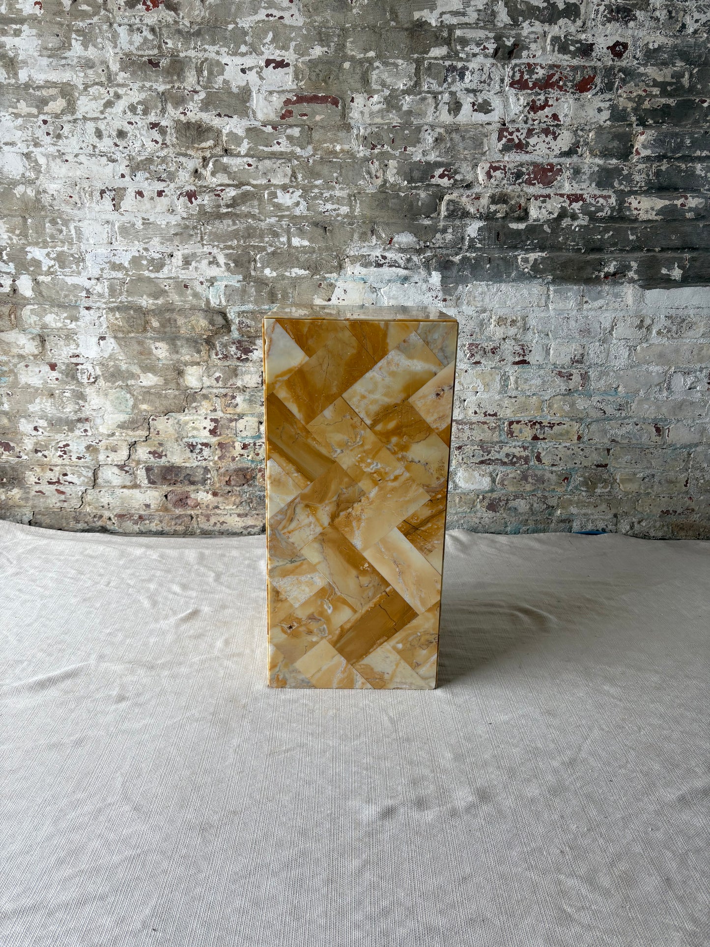 Antique Golden Stone Mosaic Pedestal with Geometric Inlay