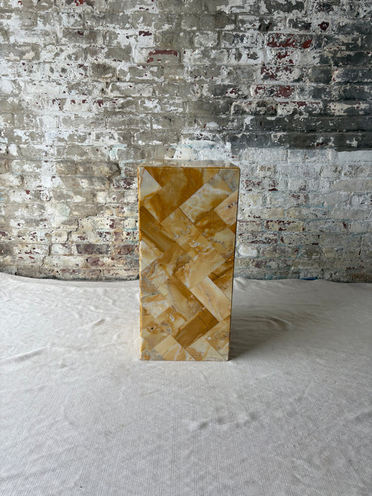 Antique Golden Stone Mosaic Pedestal with Geometric Inlay