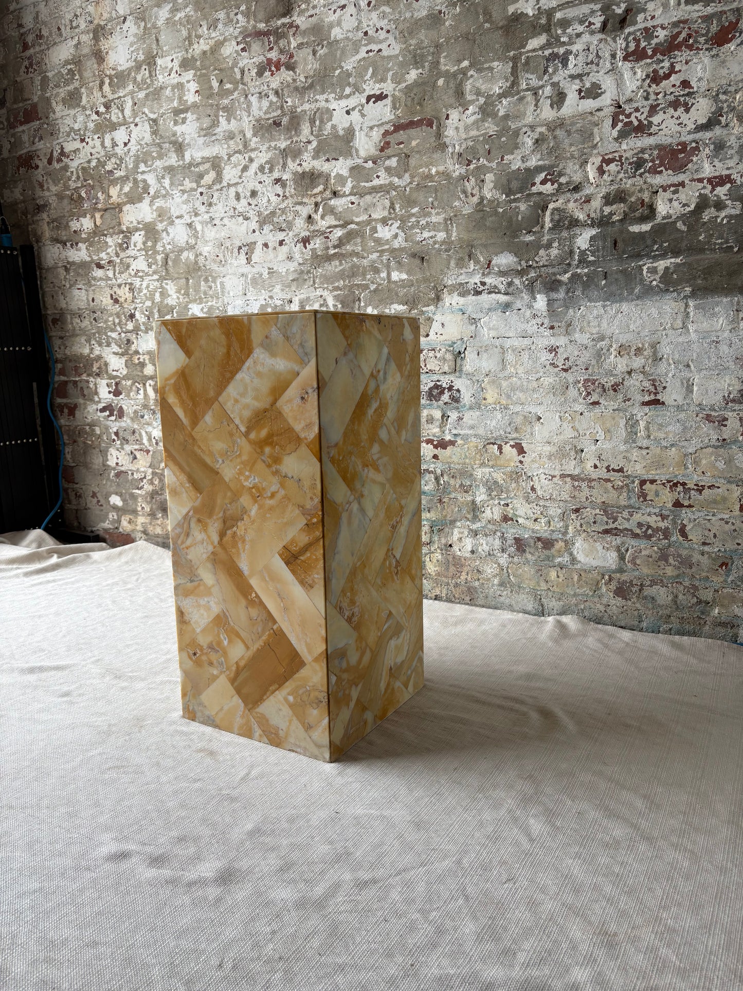 Antique Golden Stone Mosaic Pedestal with Geometric Inlay