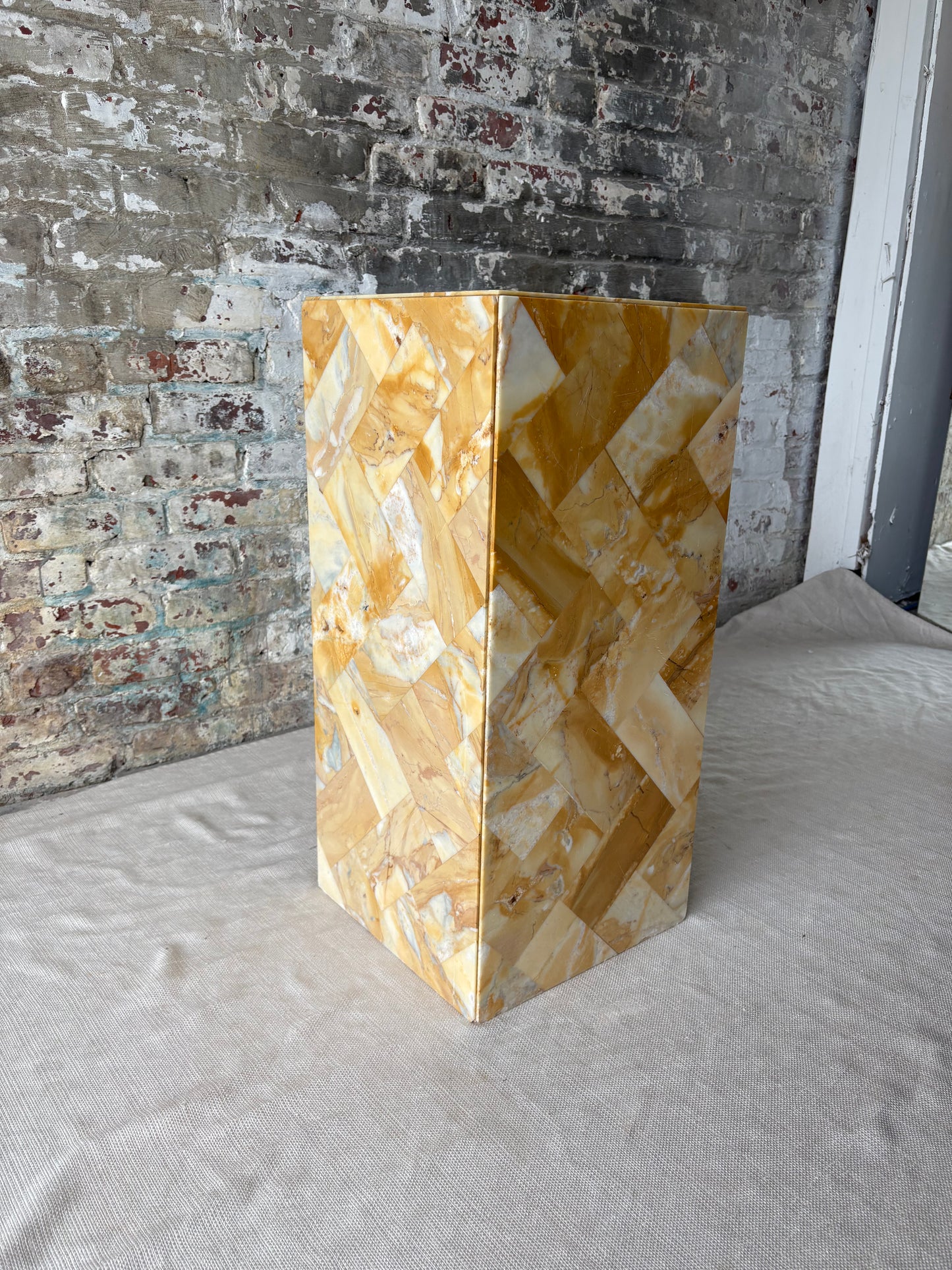 Antique Golden Stone Mosaic Pedestal with Geometric Inlay