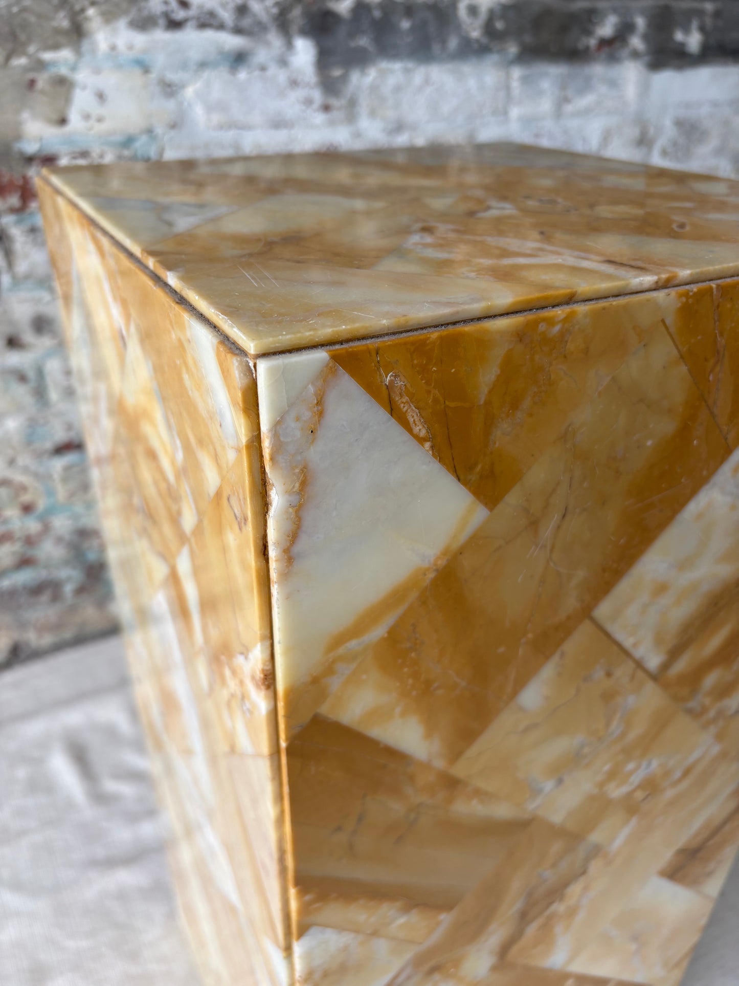 Antique Golden Stone Mosaic Pedestal with Geometric Inlay