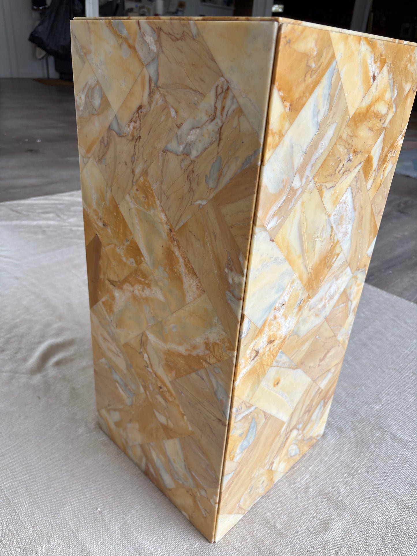 Antique Golden Stone Mosaic Pedestal with Geometric Inlay
