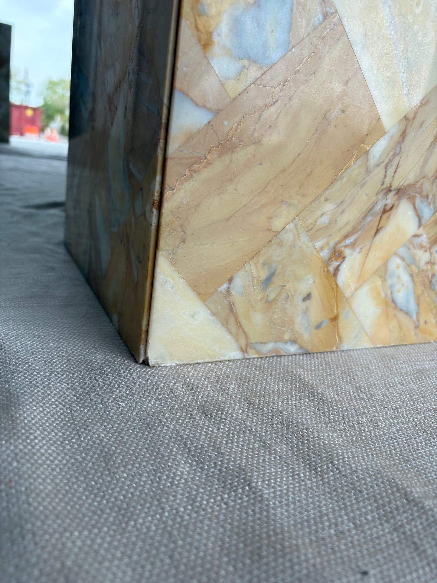 Antique Golden Stone Mosaic Pedestal with Geometric Inlay