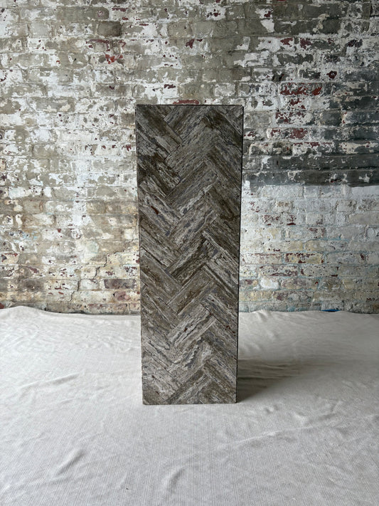 Gray Stone Herringbone Pedestal with Sculptural Geometric Inlay