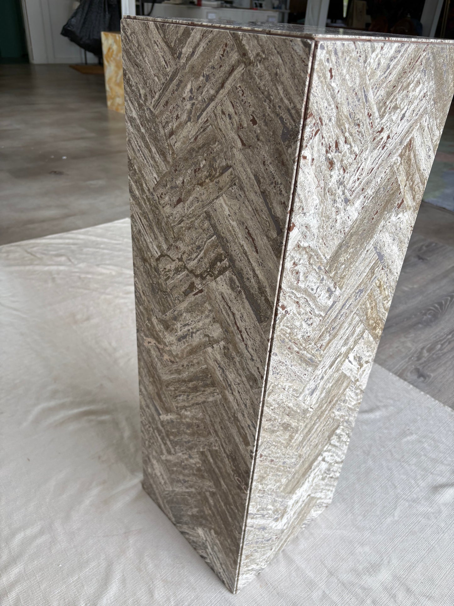 Gray Stone Herringbone Pedestal with Sculptural Geometric Inlay