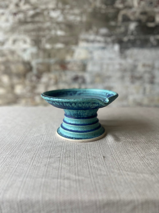 Pottery Footed Dish – Spiral Glaze in Blue & Turquoise