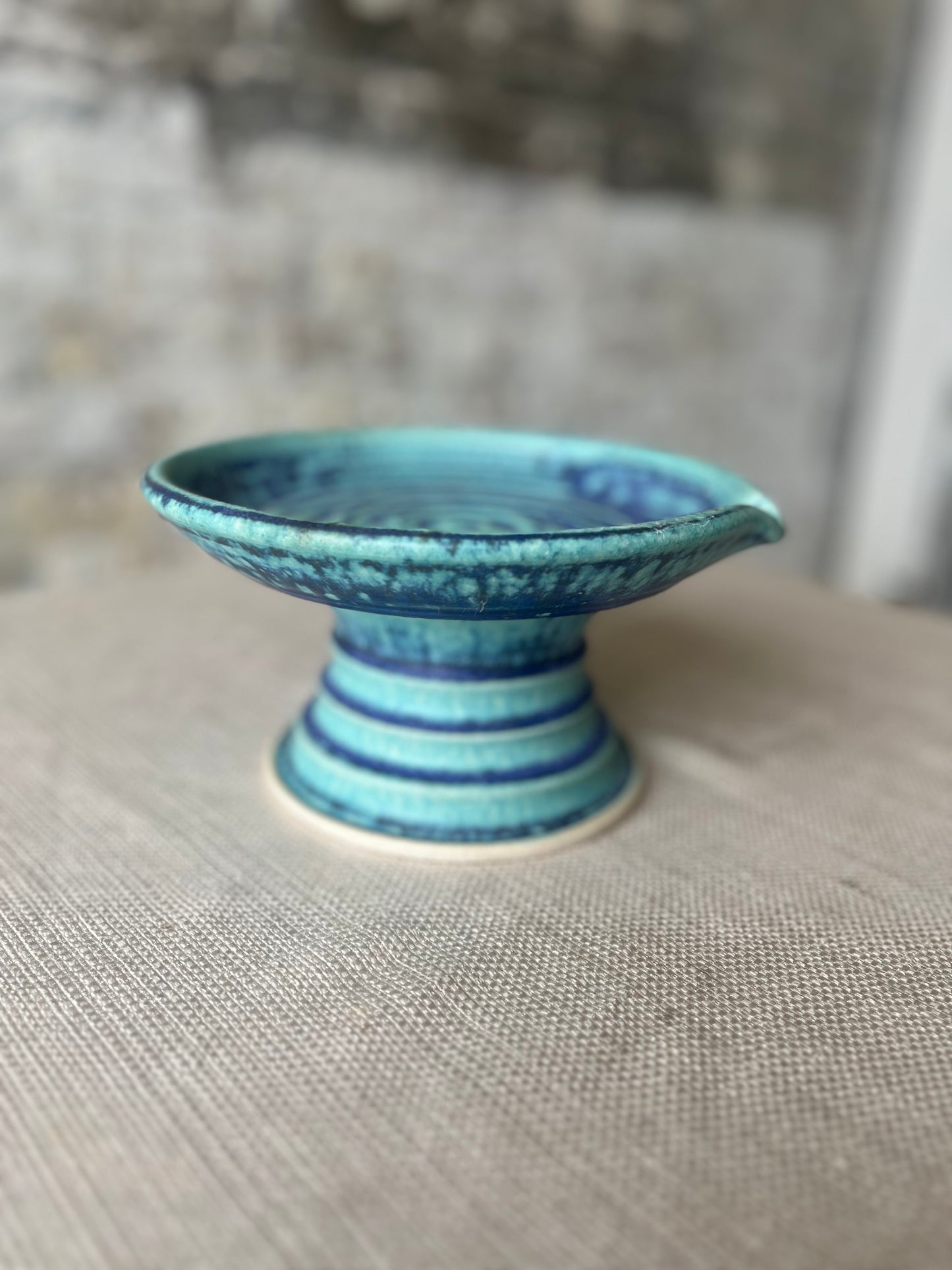 Pottery Footed Dish – Spiral Glaze in Blue & Turquoise