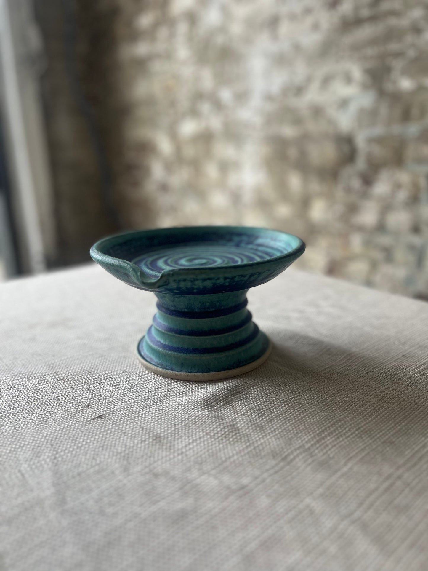 Pottery Footed Dish – Spiral Glaze in Blue & Turquoise
