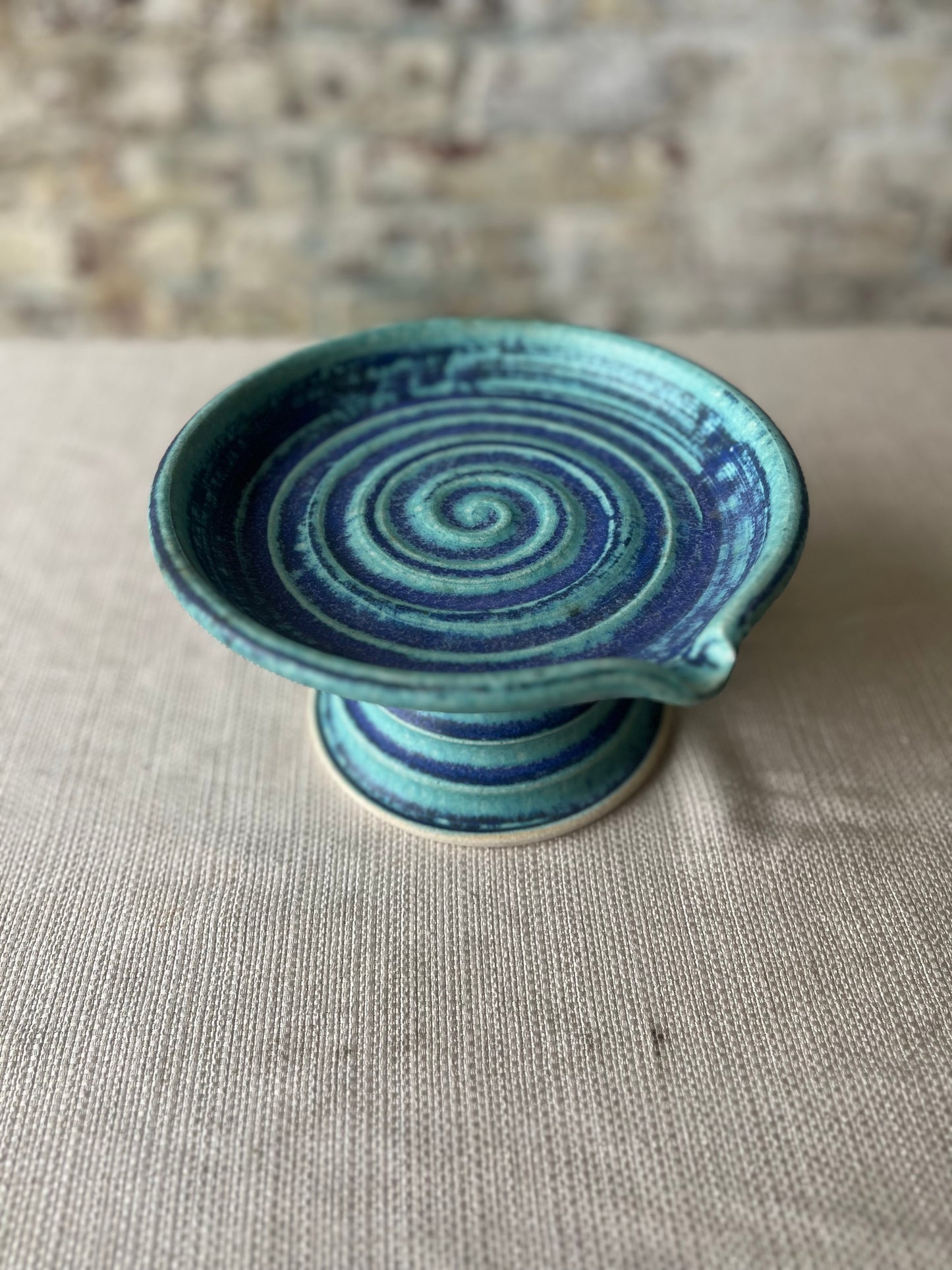 Pottery Footed Dish – Spiral Glaze in Blue & Turquoise