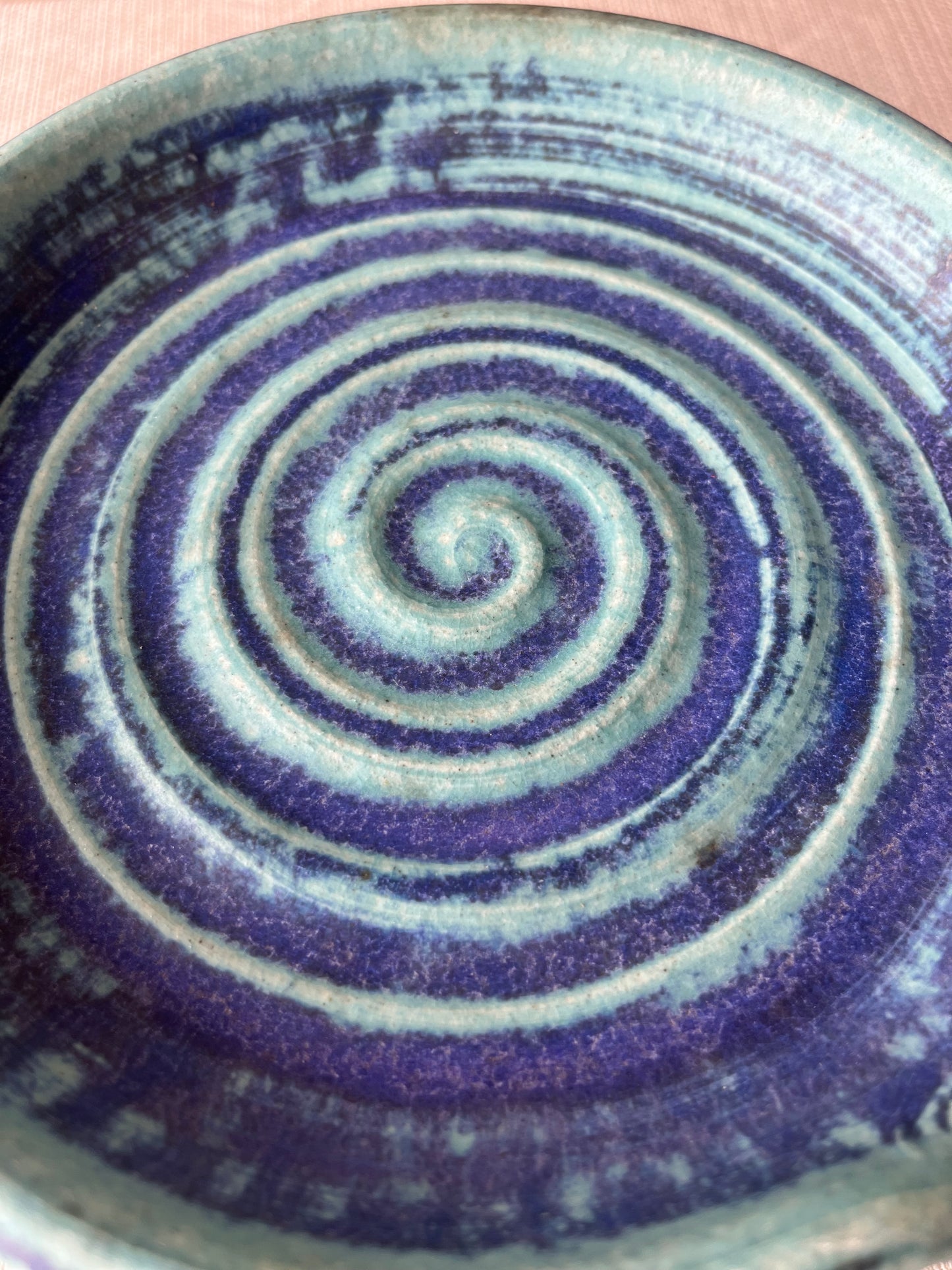 Pottery Footed Dish – Spiral Glaze in Blue & Turquoise
