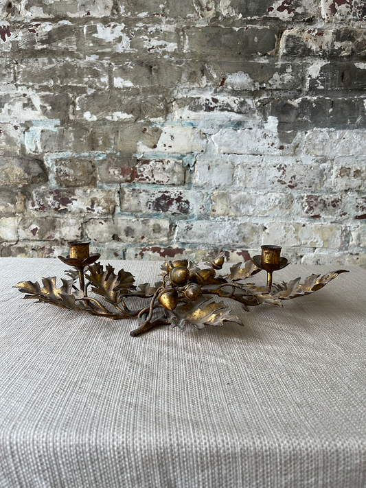 Vintage Italian Tole Gilt Candleholder – Oak Leaf + Acorn Motif