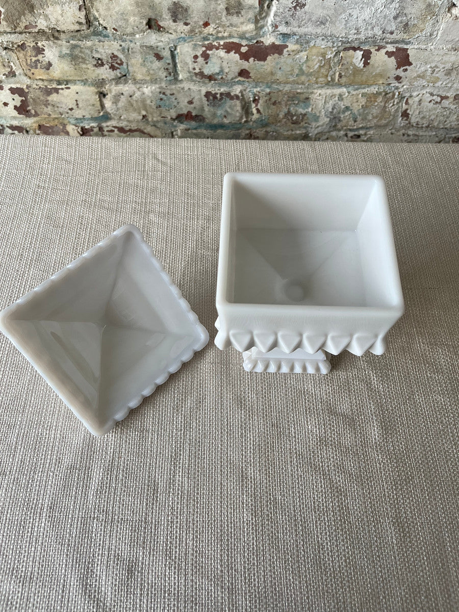 Vintage White Milk Glass Candy Dish with Lid – Geometric Pedestal Design