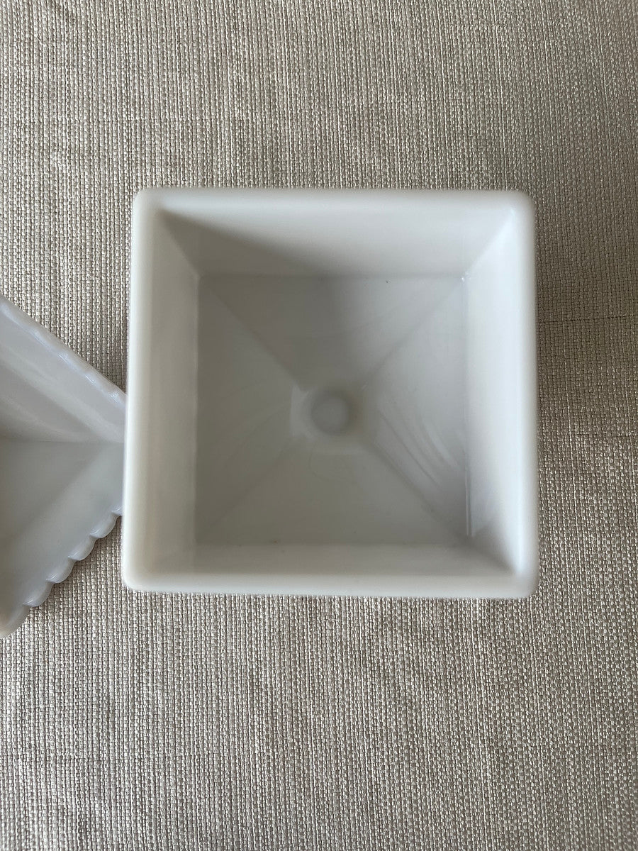 Vintage White Milk Glass Candy Dish with Lid – Geometric Pedestal Design