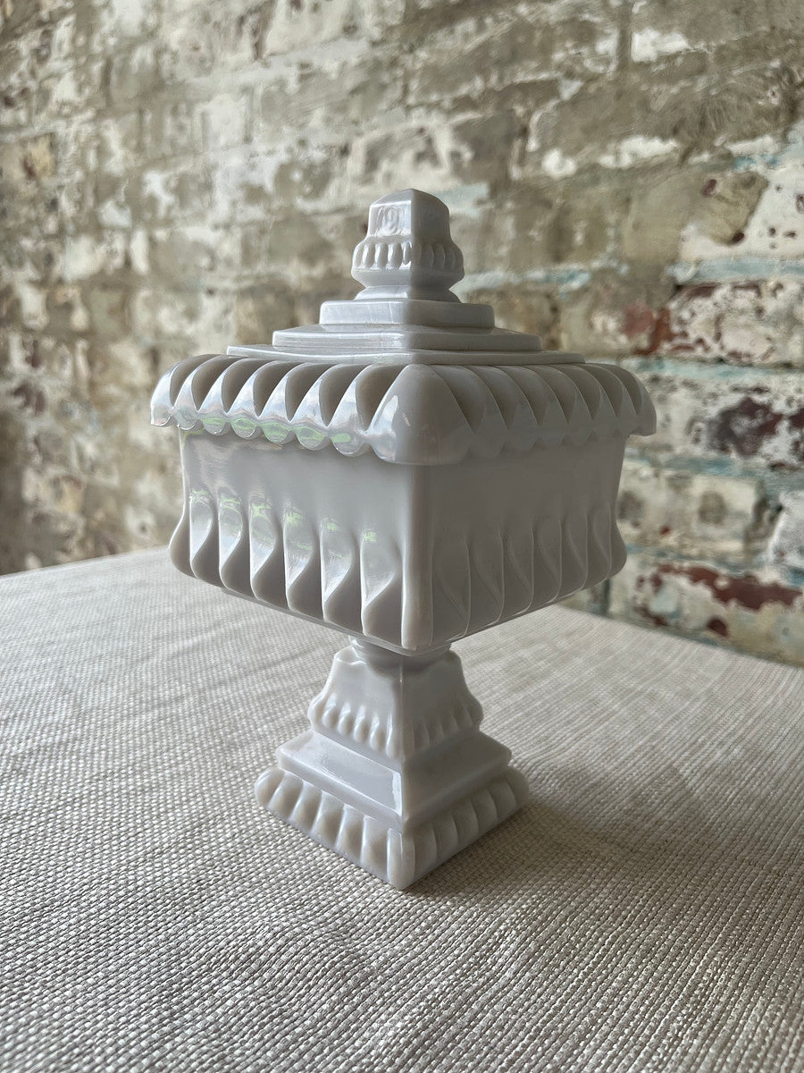 Vintage White Milk Glass Candy Dish with Lid – Geometric Pedestal Design