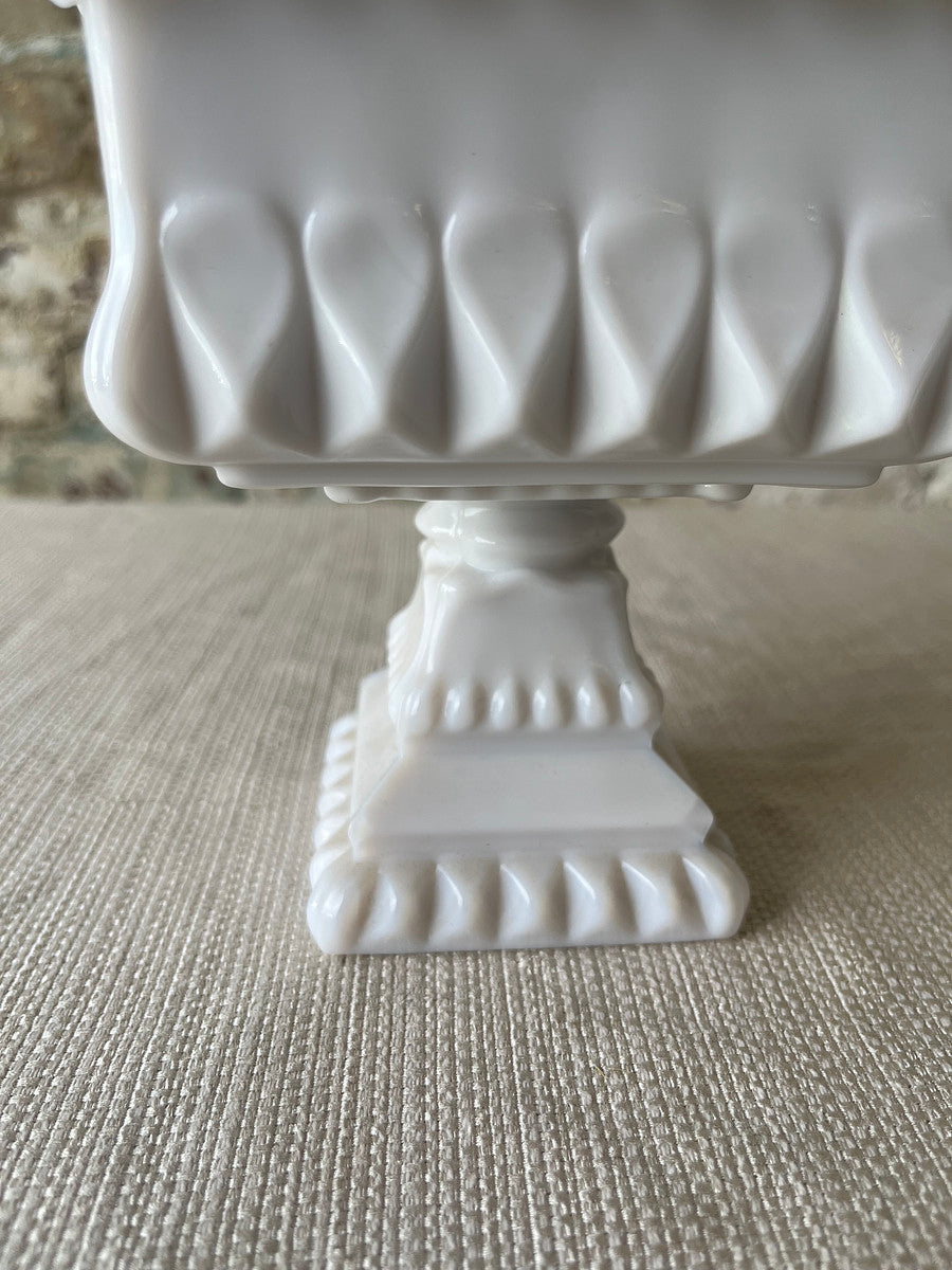 Vintage White Milk Glass Candy Dish with Lid – Geometric Pedestal Design