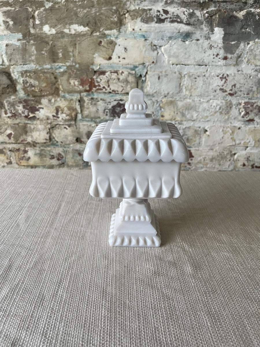 Vintage White Milk Glass Candy Dish with Lid – Geometric Pedestal Design