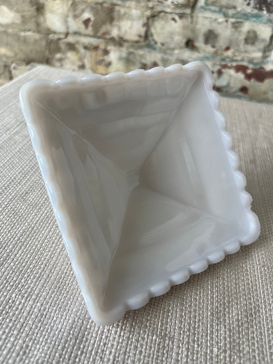 Vintage White Milk Glass Candy Dish with Lid – Geometric Pedestal Design