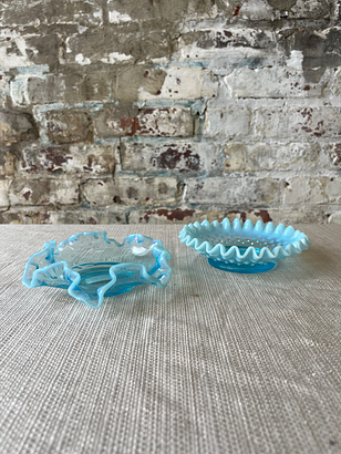 Pair of Vintage Blue Ruffled Edge Bowls – Fenton-Style Opalescent Glass [only 1 left! scalloped edges still available! see photo for reference]