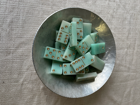 Vintage Jadeite-Style Domino Set with Brass Inlay Dots