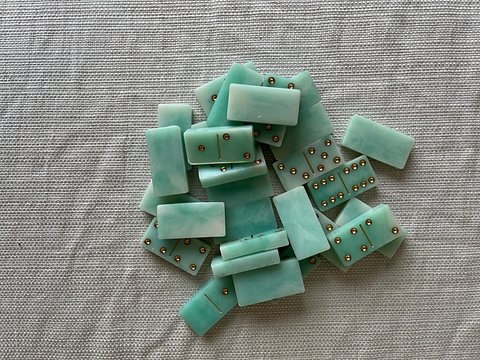 Vintage Jadeite-Style Domino Set with Brass Inlay Dots