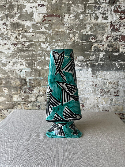 Vintage MCM Flying Fish Italian Ceramic Vase with Black & Teal Abstract Fish Motif – Hand-Painted, Signed Triangular Vase