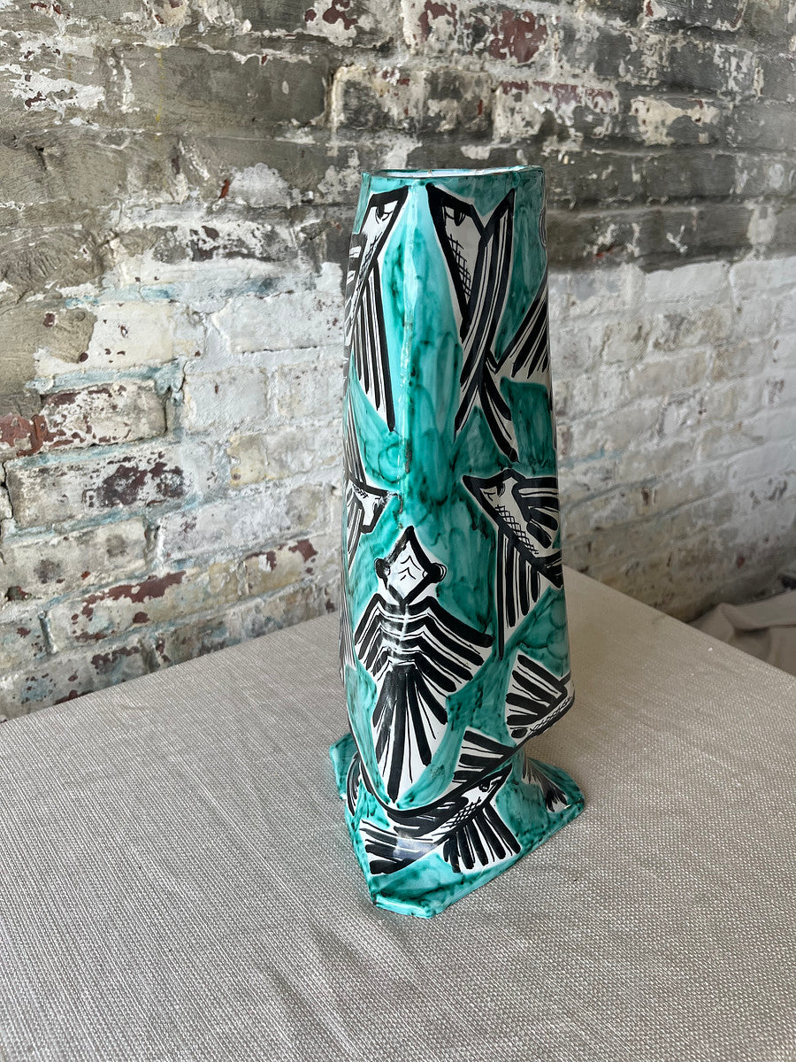 Vintage MCM Flying Fish Italian Ceramic Vase with Black & Teal Abstract Fish Motif – Hand-Painted, Signed Triangular Vase