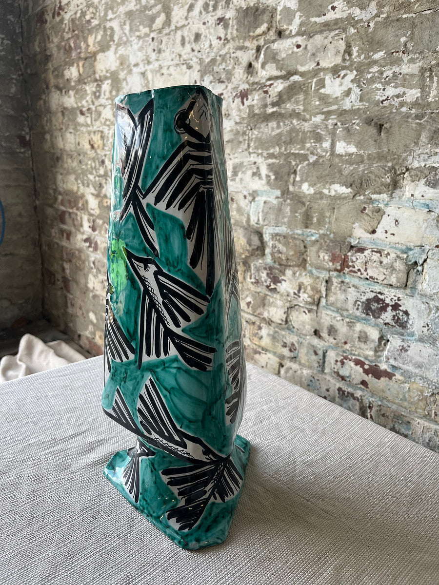 Vintage MCM Flying Fish Italian Ceramic Vase with Black & Teal Abstract Fish Motif – Hand-Painted, Signed Triangular Vase